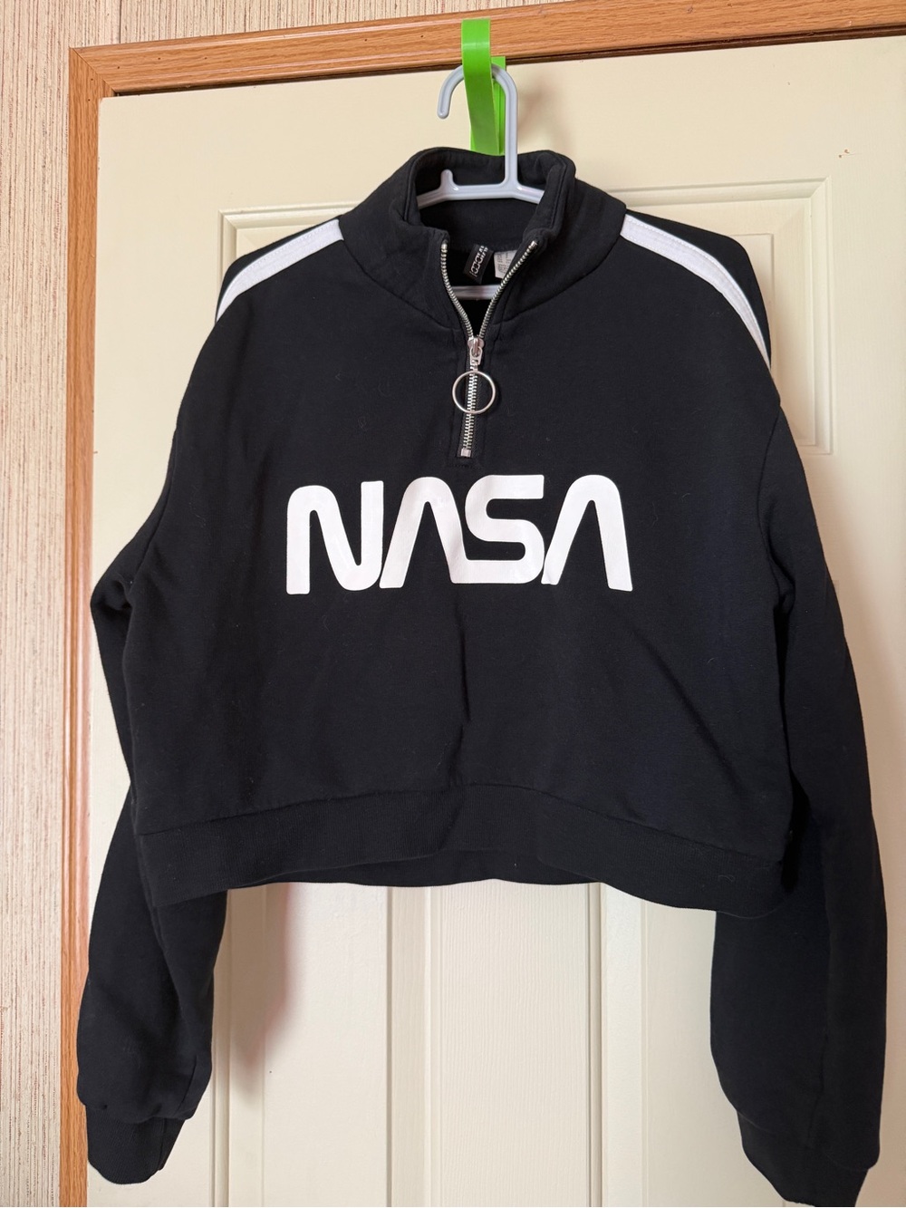 Divided Black Cropped NASA Half-Zip Sweater with White Accents